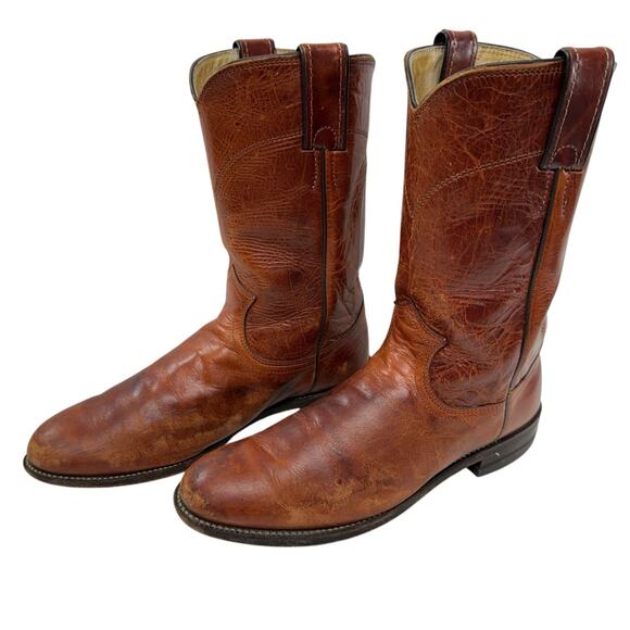 Justin Western Cowboy Roper Boots Women Size 7.5B Vintage USA Red Brown Leather - Picture 1 of 11